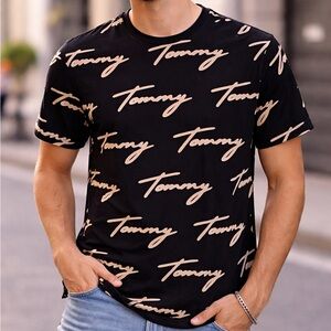 Tommy Hilfiger Black Tee with Cream Script Logo Allover